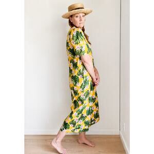 Vintage Hawaiian Mumu Midi Dress Yellow Pink Tropical Size M/L Vacation Vibes